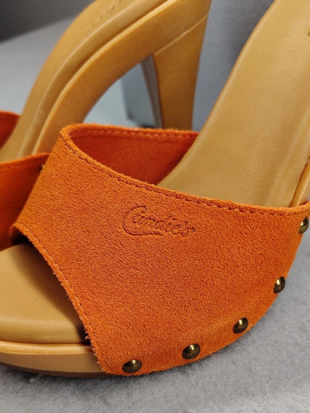 Candie's Orange Suede Studded Open-Toe High Heel Mules Size 8 - Picture 3 of 6